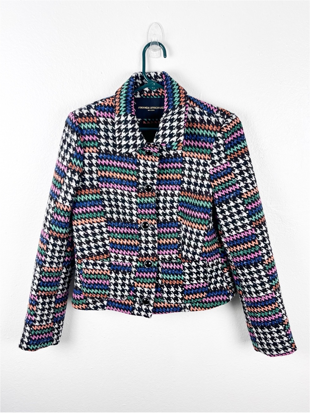 AMANDA UPRICHARD Tweed Multicolored Button Lined Patches Blazer Size Small Chic